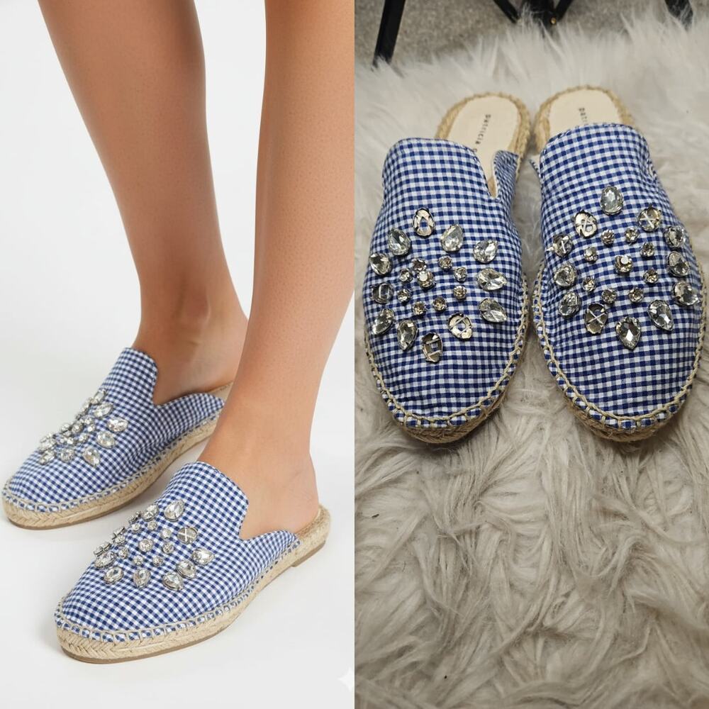 Patricia Green Gingham Glam Jewel Crystal Slip-On Mule Espadrilles in Blue - Picture 1 of 6
